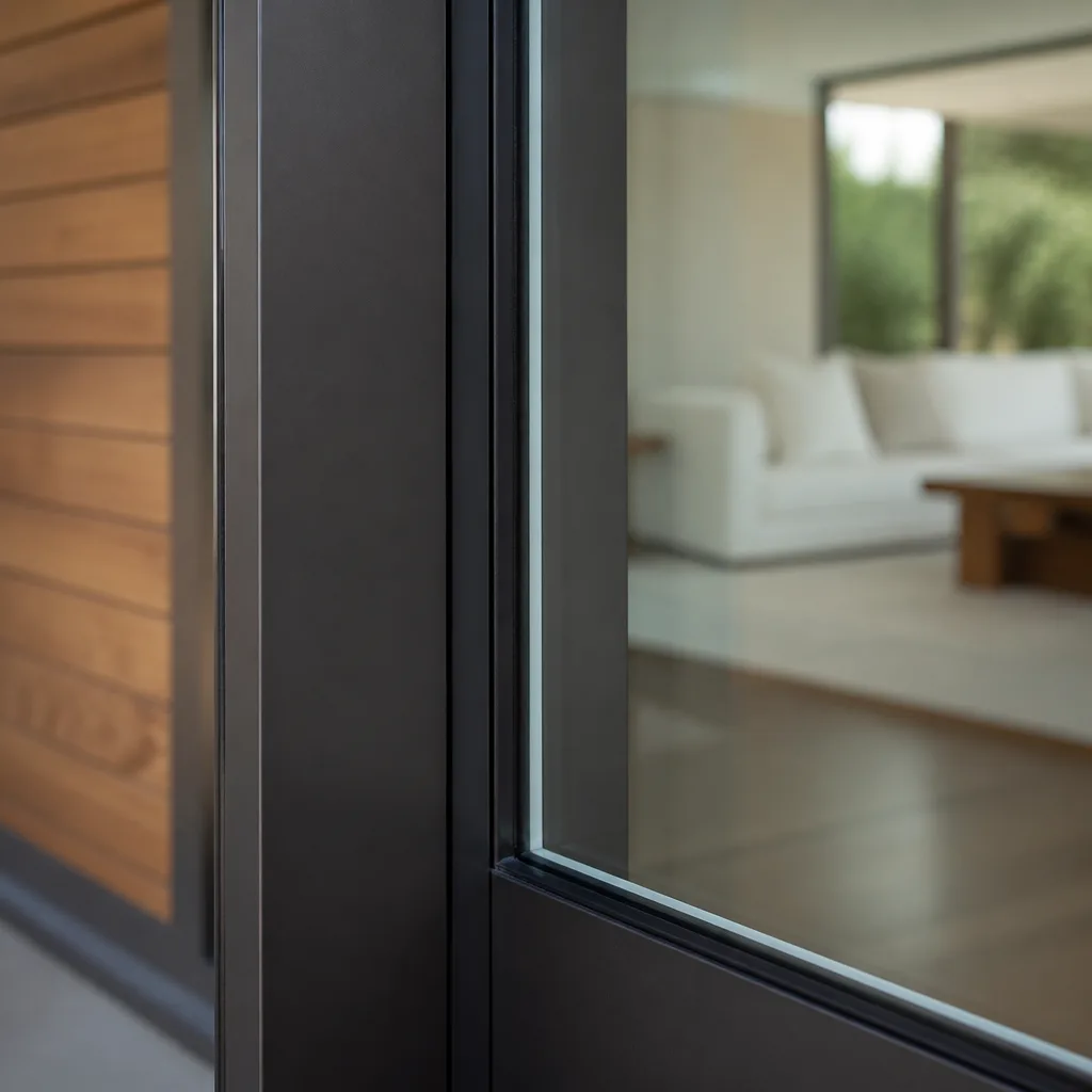 Modern glass front door replacement with dark frame and wood siding