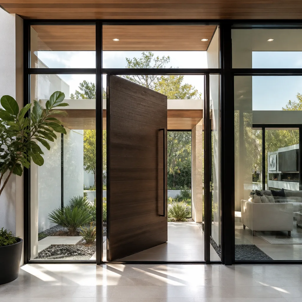Modern wooden pivot front door with floor-to-ceiling glass paneling