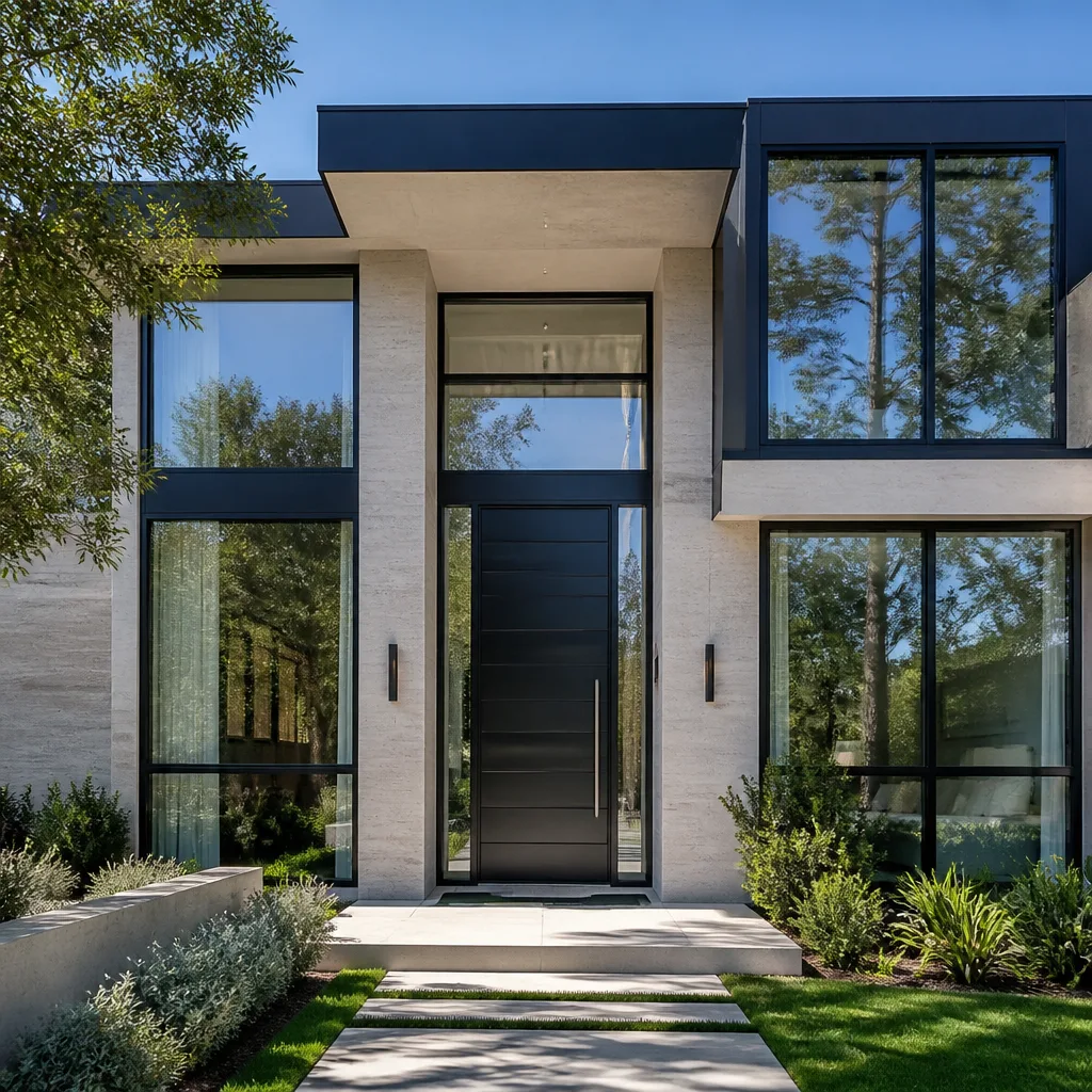 Modern front door replacement on a contemporary home with large windows.