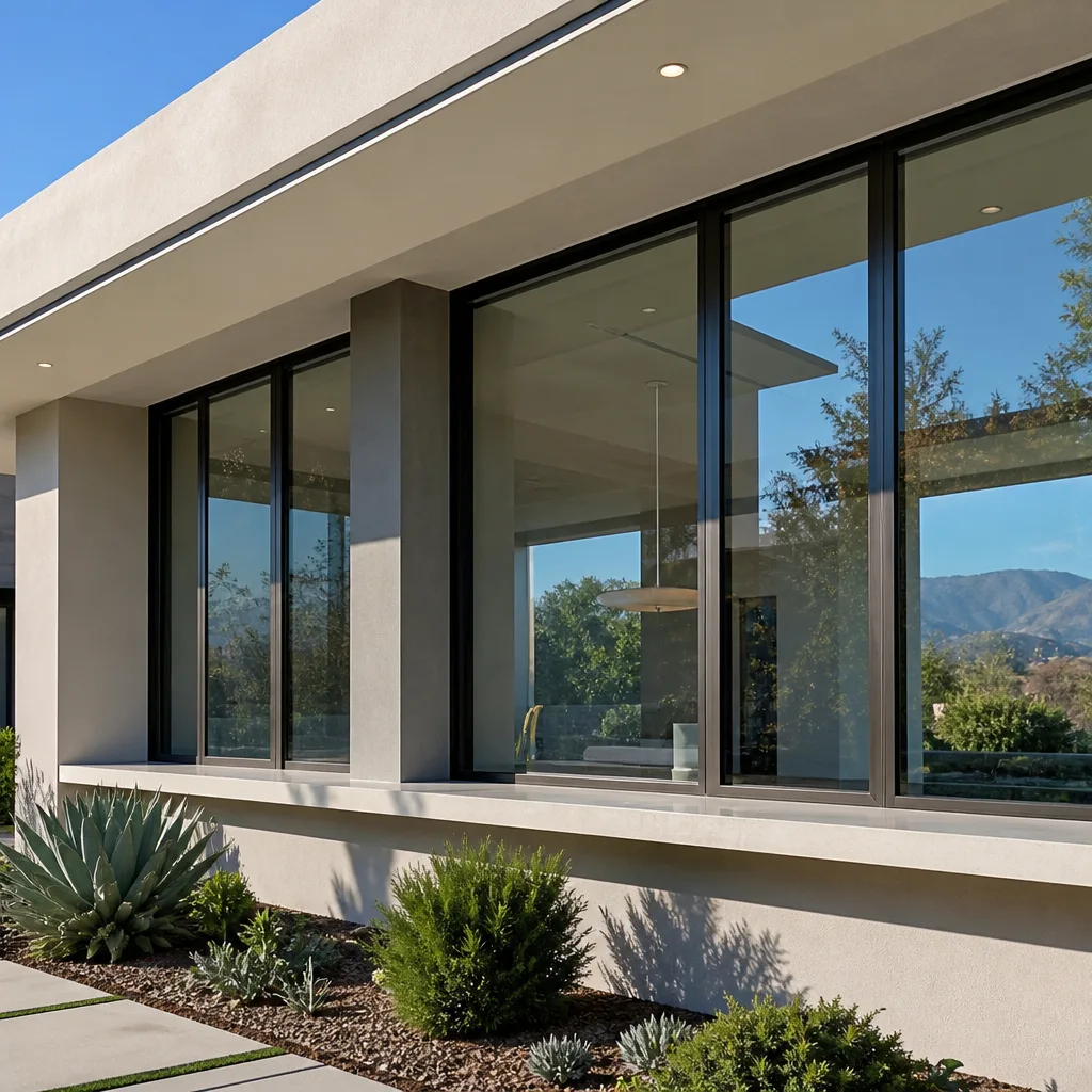 Modern house exterior with large, high-end black-framed windows.