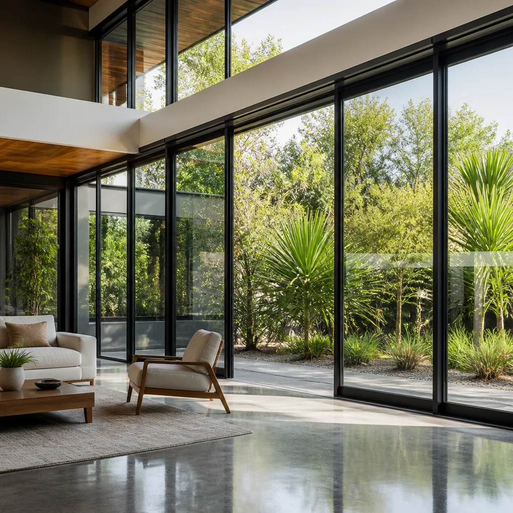 Modern floor-to-ceiling glass windows and sliding doors in a bright living space
